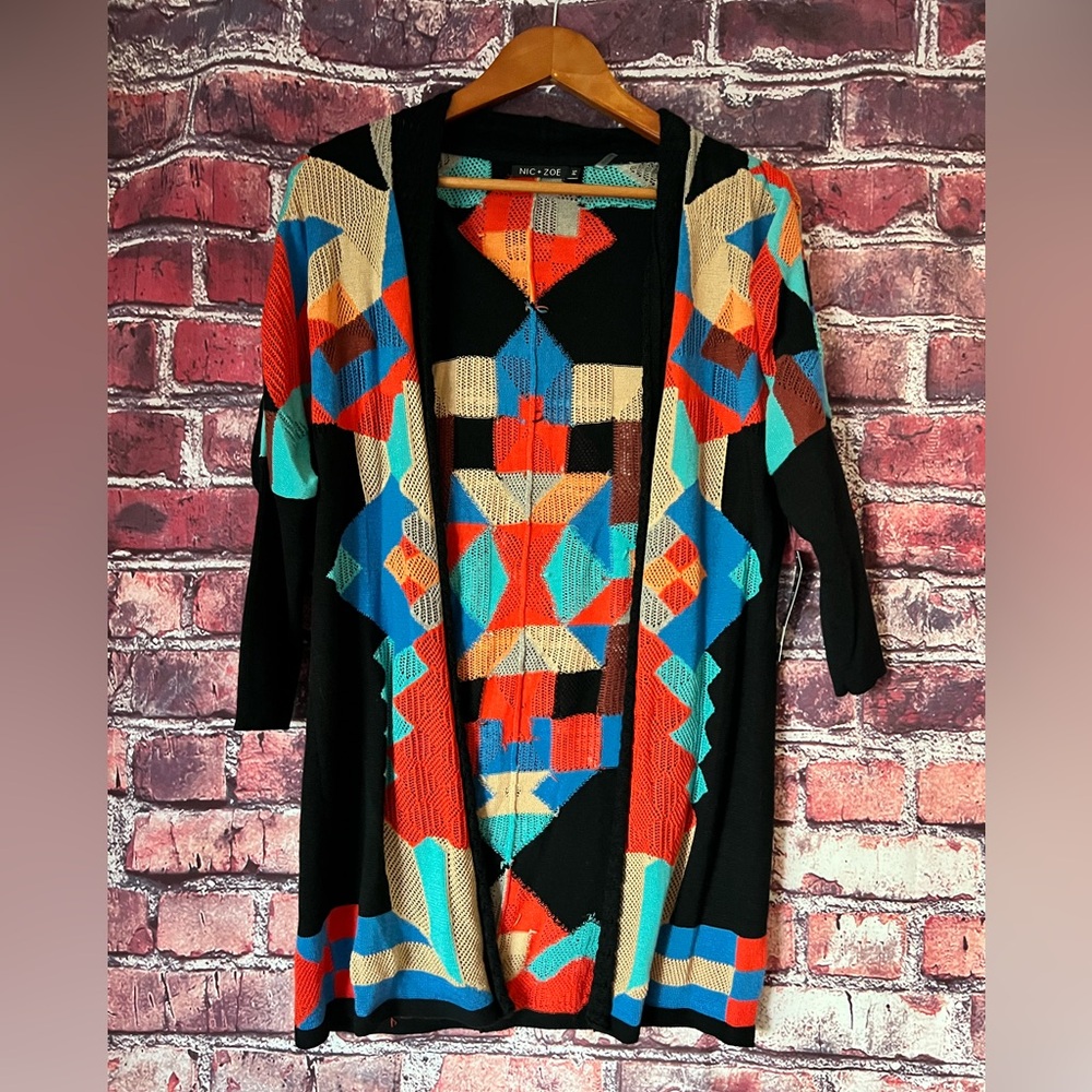 NIC+ZOE Black Open Front Geometric Cardigan Red Turquoise Aztec NWT Size PS